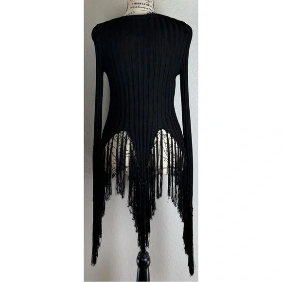 Moschino Black Ribbed Cardigan Sweater long Fringed Sleeve Asymmetrical hem 4 US
